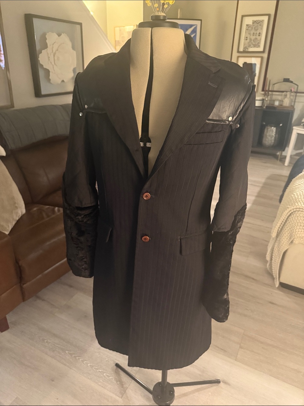 Men's Black Long Coat with Mixed-Material Sleeves